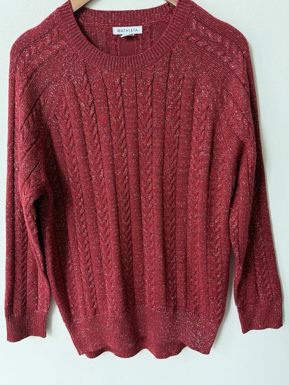 Athleta Metallic Cable Knit Sweater Small Red Burgundy Holiday Crewneck Pullover
